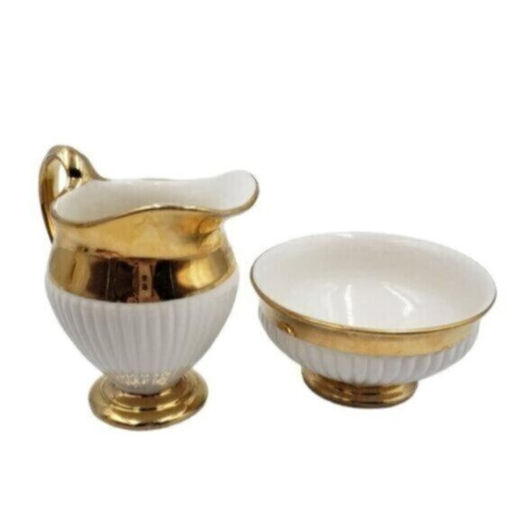 Vintage Royal Winton Grimwades Sugar Bowl & Creamer White Ribbed Golden Trim - Picture 16 of 16